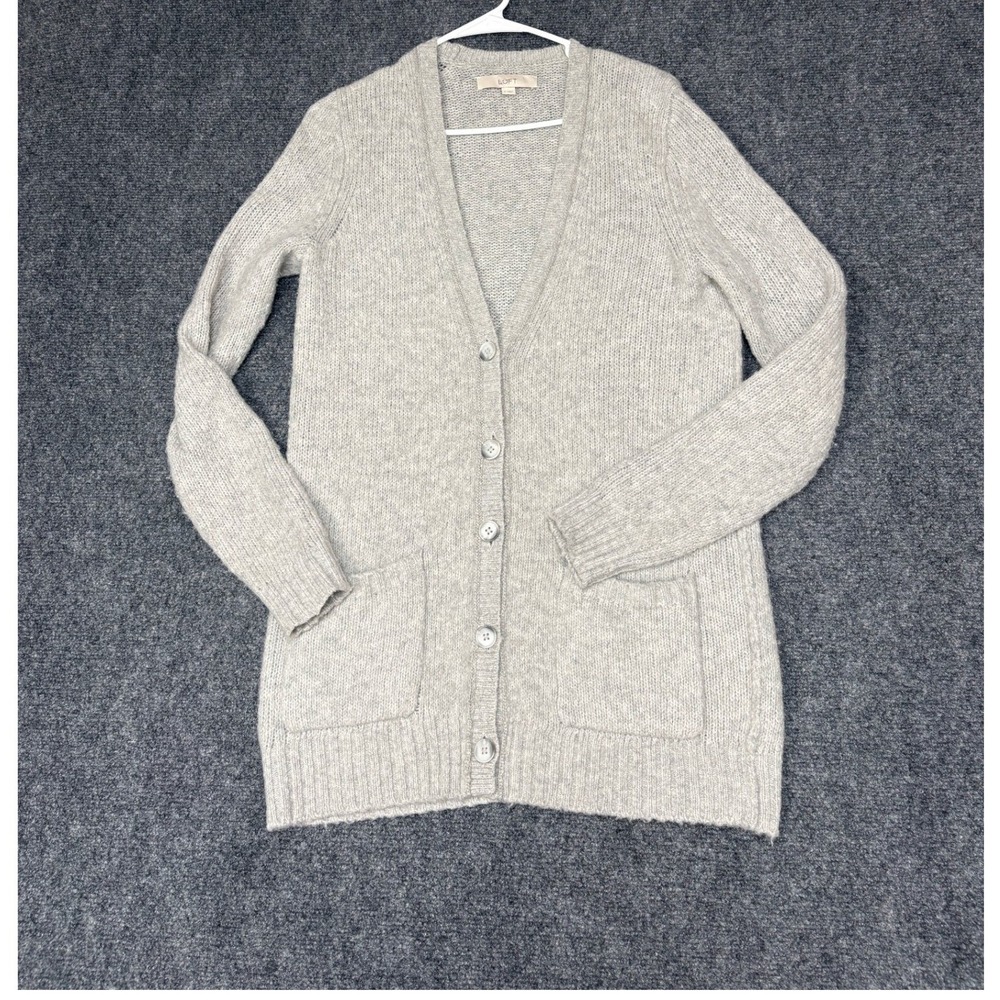 LOFT Cardigan Sweater Womens Medium Gray Wool Alpaca Blend Button Front Longline